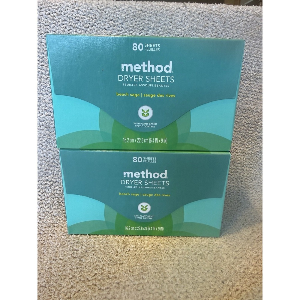 (2) Boxes Method Dryer Sheets Beach‎ Sage 80 Sheets each NEW Sealed Discontinued